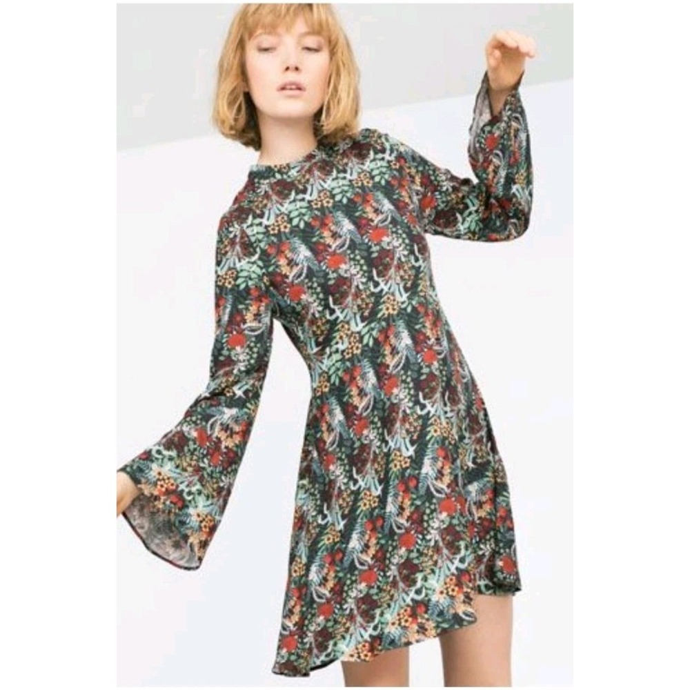 Zara Women Green Black Red Mini A-line Floral Dress Long Sleeve Mock Neck Size M